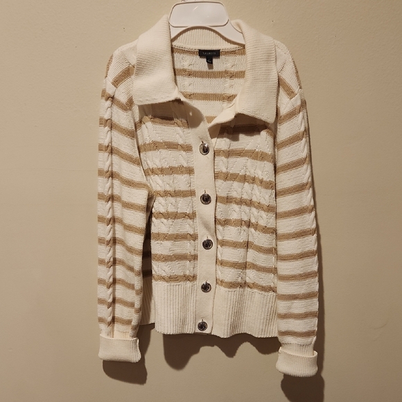 ❤️ TALBOTS CABLE KNIT COLLARED CARDIGAN SWEATER, STRIPE, LARGE - Picture 3 of 10